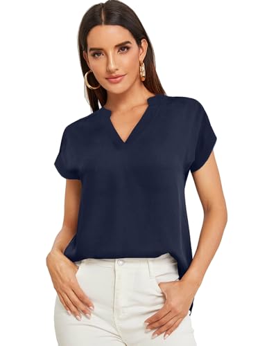 Parabler Damen V-Ausschnitt Hemdbluse Chiffon Blusen Frauen T-Shirt Tops Sommer Einfarbig Kurzarm Casual Tunika Loose fit Navy blau M von Parabler