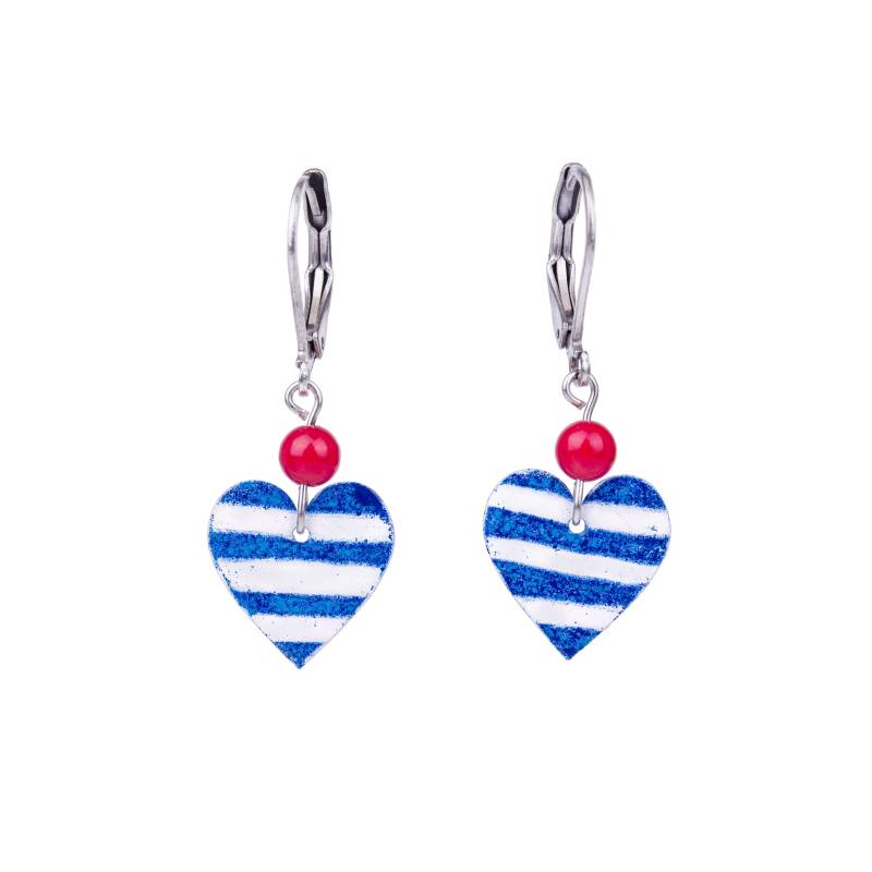 Marineblaue Herz Ohrringe Mit Streifen Und Korallenperlen - Edelstahl, Sailor von ParadaJewelry