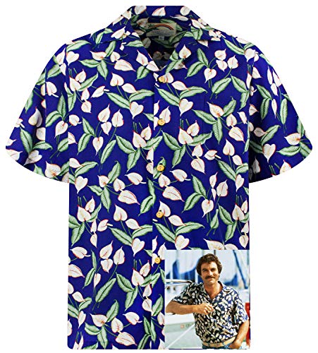 Tom Selleck Original Hawaiihemd, Kurzarm, Grüne Blätter auf Blau New, Blau, 3XL von Paradise Found