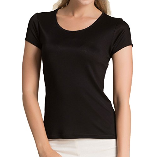 Paradise Silk Pure Silk Damen Strick-T-Shirt mit Rundhalsausschnitt, kurzärmelig, Schwarz , Large von Paradise Silk