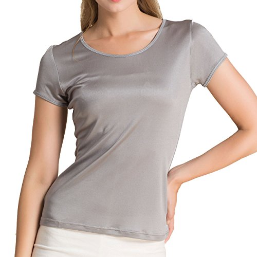 Paradise Silk Pure Silk Damen Strick-T-Shirt mit Rundhalsausschnitt, kurzärmelig Gr. Large, grau von Paradise Silk