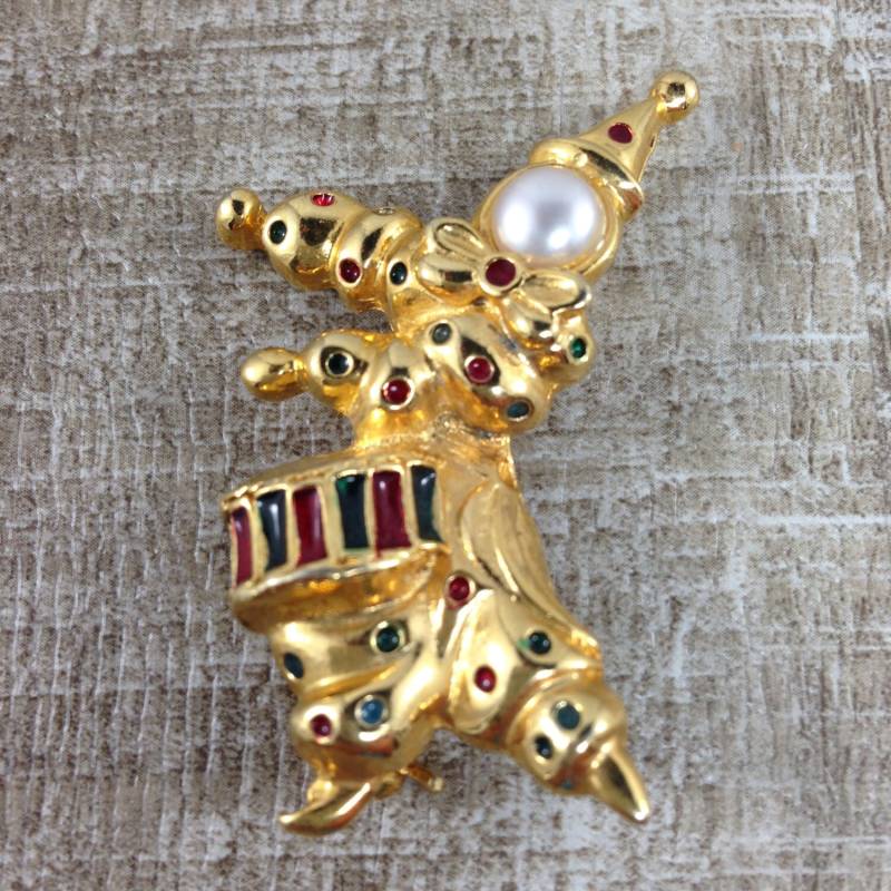 Atemberaubende Vintage Clown Rot Grün Strass Faux Perle Trommel Brosche Pin von ParadiseVintageJewel