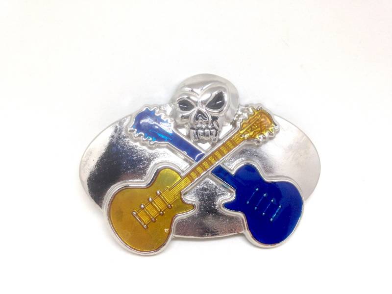 Atemberaubender Nachlass Emaille Gitarre Musik Totenkopf Gürtelschnalle von ParadiseVintageJewel
