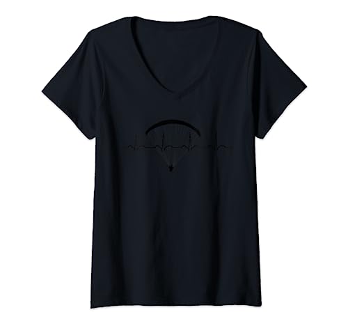 Damen Herzschlag Gleitschirm Damen Herren Gleitschirmfliegen EKG T-Shirt mit V-Ausschnitt von Paragleiter Gleitschirm Geschenke Herren Damen