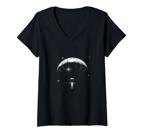 Damen Parapente Moon Space Halbmond T-Shirt mit V-Ausschnitt von Paraglider Moon Space Paragliding Gifts