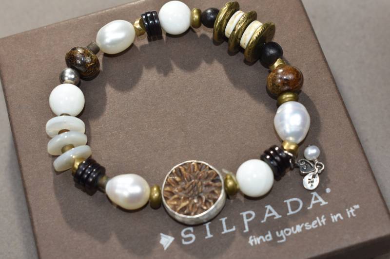 Silpada Pearl Stretch Armband Geschnitzter Knochen, Bronzit & Sterling Silber von ParagonSilverCo