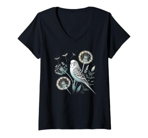 Damen Wellensittich Pusteblume Traum Floral Wellensittich Aquarell T-Shirt mit V-Ausschnitt von Parakeet Budgie Mom Dad Bird Flower Elegant Sketch