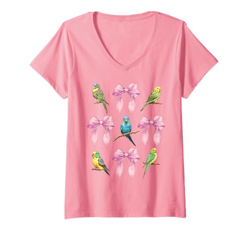 Damen Kokette Schleife Sittich Wellensittich Wellensittich Papagei Band Mama T-Shirt mit V-Ausschnitt von Parakeet Coquette Aesthetic Girl Mothers Day Gifts