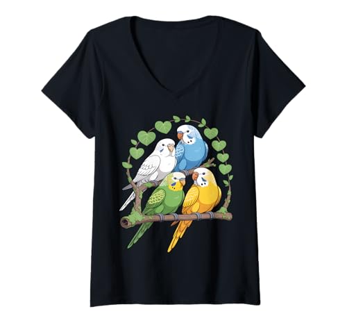 Damen Bunte Wellensittiche T-Shirt mit V-Ausschnitt Damen Bunte Wellensittiche T-Shirt mit V-Ausschnitt von Parakeet Lovers Co.