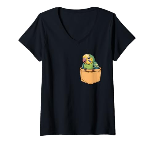 Damen Pocket Wellensittich Cartoon T-Shirt mit V-Ausschnitt Damen Pocket Wellensittich Cartoon T-Shirt mit V-Ausschnitt von Parakeet Lovers Co.