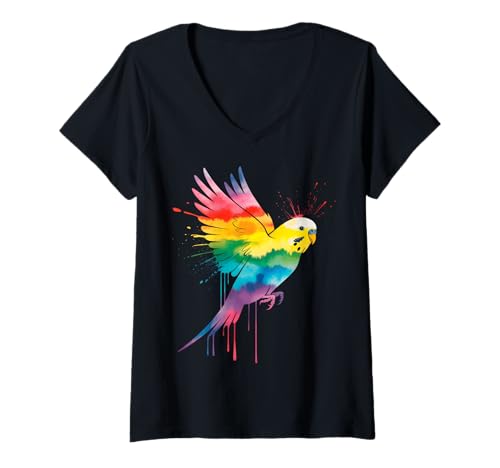 Damen Regenbogen-Aquarell Wellensittich T-Shirt mit V-Ausschnitt von Parakeet Pride Apparel