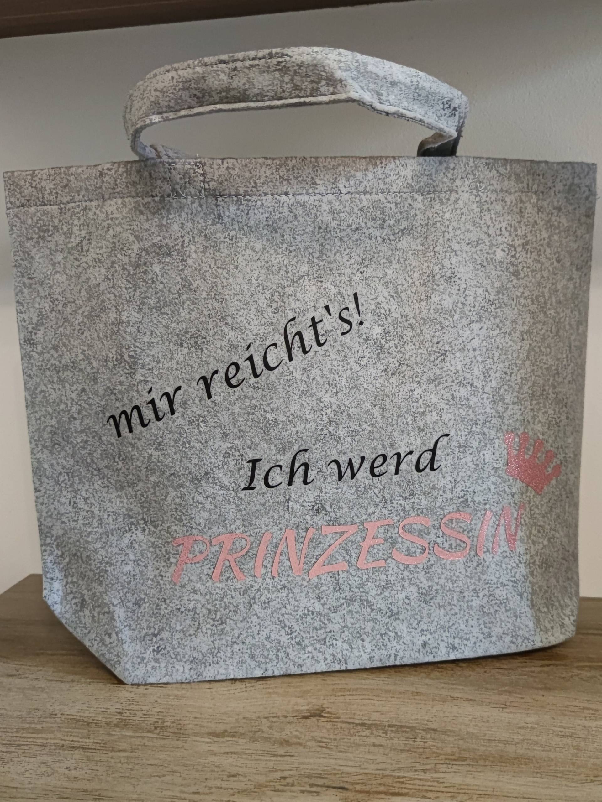 Große Filztasche Hellgrau, Prinzessin Mit Krone, Rosa Glitzer Schrift Große Filztasche Hellgrau, Prinzessin Mit Krone, Rosa Glitzer Schrift von ParamigoAccessoires
