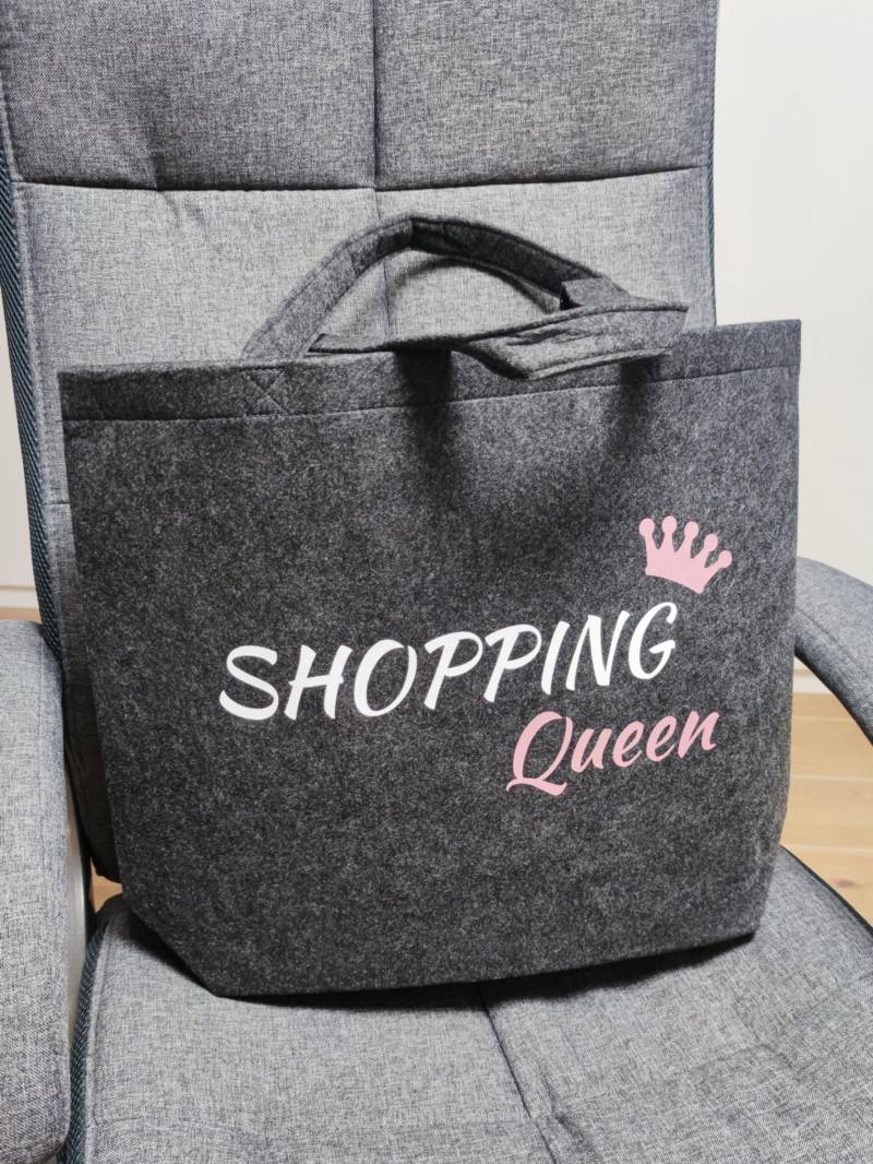 Große Filztasche | Shopping Queen Mit Spruch Rosa Glitzer Schrift Großer Filz Shopper Anthrazit Handtasche Für Mädchen von ParamigoAccessoires