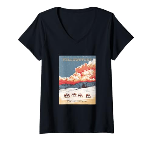 Damen Yellowstone Dutton Ranch Cowboy-Logo mit Montana-Logo T-Shirt mit V-Ausschnitt Damen Yellowstone Dutton Ranch Cowboy-Logo mit Montana-Logo T-Shirt mit V-Ausschnitt von Paramount