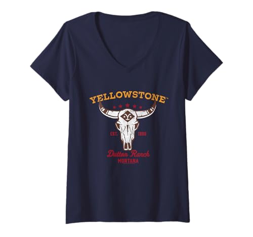 Damen Yellowstone Paramount – Bullenschädel Logo T-Shirt mit V-Ausschnitt von Paramount