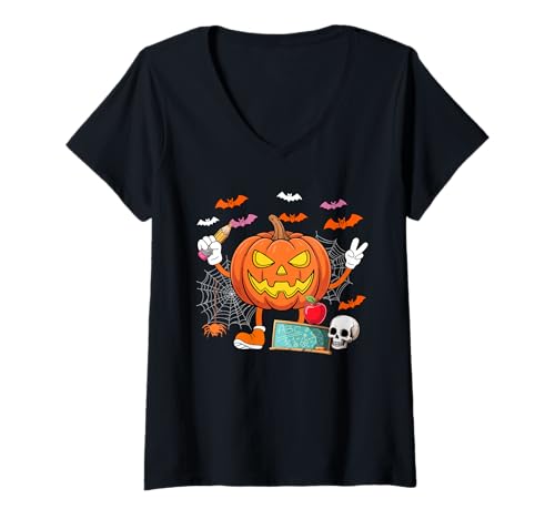 Damen Paraprofessional Job Horror geschnitzter Kürbis Halloween Team T-Shirt mit V-Ausschnitt Damen Paraprofessional Job Horror geschnitzter Kürbis Halloween Team T-Shirt mit V-Ausschnitt von Paraprofessional Halloween Costume