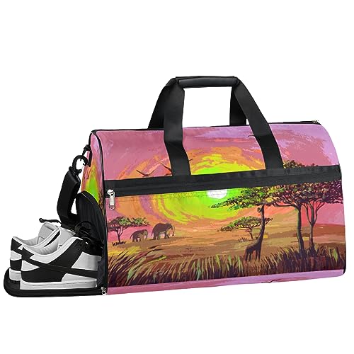 Afrika Feld Tiere Sonnenuntergang Sport Turnbeutel mit Nassfach & Schuhe Fach Reise Seesack für Männer Frauen Basketball Weekender Tasche für Flugzeug Schwimmen Yoga, Mehrfarbig von Pardick