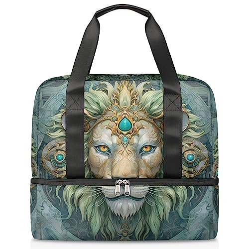 Animal Lion Green Gold Eyes (04) Sport Turnbeutel für Frauen Reise Duffel Tote Bag mit Schuhfach Weekender Übernachtungstasche Tragetasche für Teenager Mädchen Jungen Männer, Mehrfarbig von Pardick