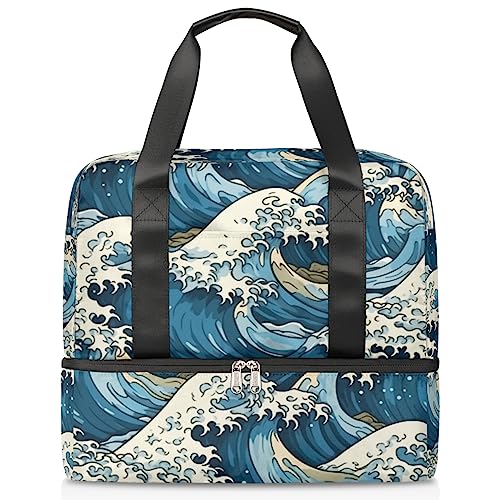 Great Wave Cartoon (01) Sport Turnbeutel für Frauen Reise Duffel Tote Bag mit Schuhfach Weekender Übernachtungstasche Tragetasche für Teenager Mädchen Jungen Männer, Mehrfarbig von Pardick