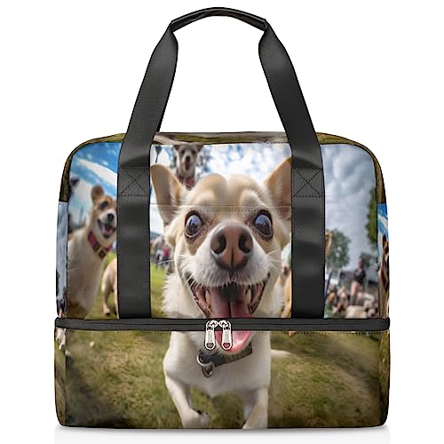 Lively Dog Cute (01) Sport Turnbeutel für Frauen Reise Duffel Tote Bag mit Schuhfach Weekender Übernachtungstasche Tragetasche für Teenager Mädchen Jungen Männer, Mehrfarbig von Pardick