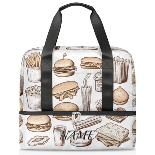 Sporttasche für Damen, Motiv: Coffee Hamburger, Lebensmittel, handgezeichnet, personalisierbar, Sporttasche mit Schuhfach, für Mädchen und Jungen, Wochenendtasche, Übernachtungstasche, von Pardick