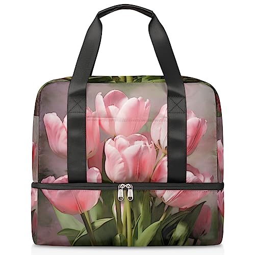 Sporttasche für Damen, Motiv: Ölfarbe, rosa Tulpen, Reisetasche mit Schuhfach, Wochenendtasche, Tragetasche für Teenager, Mädchen, Jungen, Männer, Mehrfarbig von Pardick