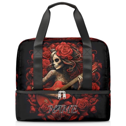 Sporttasche für Damen, Motiv: Rosen-Gitarre, Totenkopf, personalisierbar, Sporttasche mit Schuhfach, für Mädchen und Jungen, Wochenendtasche, für Mütter, Krankenhaus, Handgepäcktasche, Farbe 032, von Pardick