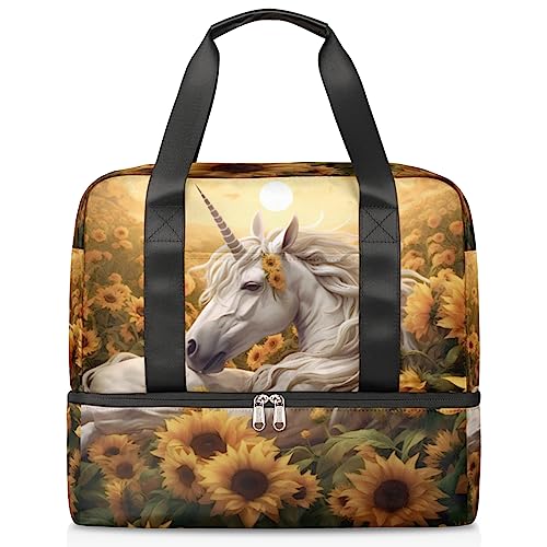 Sporttasche für Damen, Motiv: Tier, Einhorn, Pferd in Sonnenblumen, Reisetasche mit Schuhfach, Wochenendtasche, Tragetasche für Teenager, Mädchen, Jungen, Männer, Mehrfarbig von Pardick