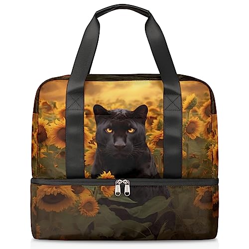 Sporttasche für Damen, Motiv: schwarzer Panther mit Sonnenblumen, Reisetasche mit Schuhfach, Wochenendtasche, Tragetasche für Teenager, Mädchen, Jungen, Männer, Mehrfarbig von Pardick