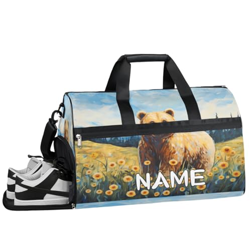 Sporttasche mit Bärenmotiv und Sonnenblumen-Motiv, mit Nassfach und Schuhfach, Reisetasche, für Damen und Herren, personalisierbar, für Übernachtung, Wochenende, Strandgepäck, Bär, Tier-Sonnenblume, von Pardick