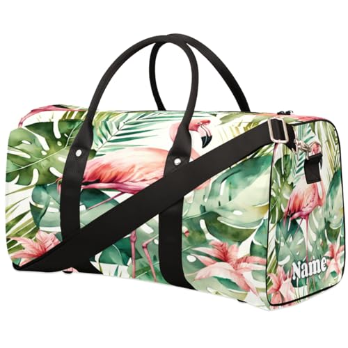 Sporttasche mit Flamingo-Palmblatt-Aquarell-Motiv, personalisierter Name für Damen und Herren, wasserdicht, Strandtasche, faltbar, persönliche Gegenstände, Reisetasche für Wochenender, Übernachtung, von Pardick