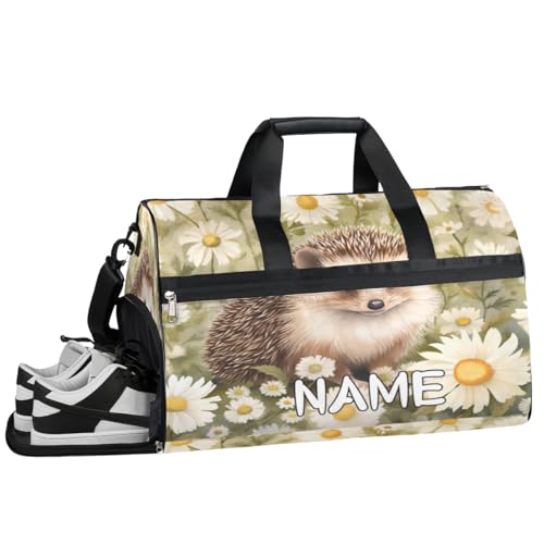 Sporttasche mit Igel- und Gänseblümchen-Motiv, Aquarellfarben, mit Nassfach und Schuhfach, Reisetasche, für Damen und Herren, personalisierbar, für Übernachtung, Wochenende, Strandgepäck, Igel von Pardick