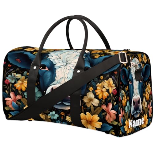 Sporttasche mit Rindermotiv und Blumendruck, personalisierter Name für Damen und Herren, wasserdicht, Strandtasche, faltbar, persönliche Gegenstände, Reisetasche für Wochenende, Übernachtung, Tanz, von Pardick