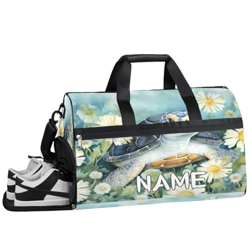 Sporttasche mit Schildkröten-Blumen-Motiv, mit Nassfach und Schuhfach, Reisetasche, für Damen und Herren, personalisierbar, für Übernachtung, Wochenende, Strandgepäck, Schildkrötenblume, Aquarell, von Pardick