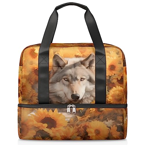 Sporttasche mit Tierwolf in Sonnenblumen (06), Reise-Reisetasche mit Schuhfach, Wochenend-Übernachtungstasche, Tragetasche für Teenager, Mädchen, Jungen, Männer, Mehrfarbig von Pardick