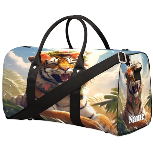 Sporttasche mit Tiger-Blumen-Motiv, personalisierter Name für Damen und Herren, wasserdicht, Strandtasche, faltbar, persönliche Gegenstände, Reisetasche für Wochenender, Übernachtung, Tanz, von Pardick