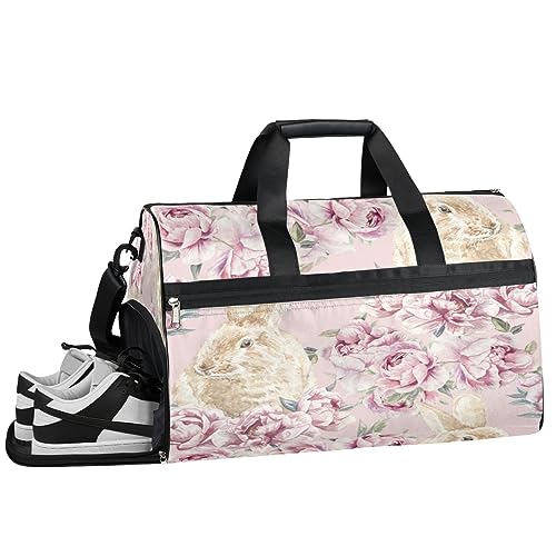 Sporttasche mit niedlichem Hasenblumen-Motiv, mit Nassfach und Schuhfach, Reisetasche, für Damen und Herren, Basketball, Wochenendtasche für Flugzeug, Schwimmen, Yoga, Rosa, Mehrfarbig von Pardick