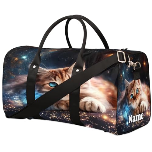 Sporttasche mit niedlicher Katze, Sternenhimmel, personalisierter Name für Damen und Herren, wasserdicht, Strandtasche, faltbar, persönliche Gegenstände, Reisetasche für Wochenender, Übernachtung, von Pardick