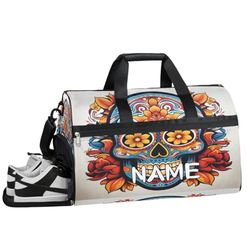 Sugar Skull Sporttasche mit mexikanischem Muster, Sporttasche mit Nassfach und Schuhfach, Reisetasche, für Damen und Herren, personalisierbar, für Übernachtung, Wochenende, Strandgepäck, Zuckerschädel von Pardick