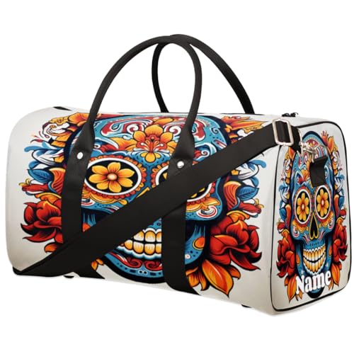 Sugar Skull Sporttasche mit mexikanischem Muster, personalisierter Name für Damen und Herren, wasserdicht, Strandtasche, faltbar, persönliche Gegenstände, Reisetasche für Wochenender, Übernachtung, von Pardick