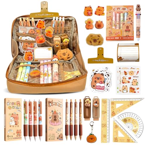 Pardofelis 66 Stück Capybara Schreibwaren Set, Süßes Capybara Federmäppchen Geschenkset für Kinder und Schüler, Capybara Mäppchen mit Stifte Radiergummi Sticker Clips Linealen für Schule Büro von Pardofelis
