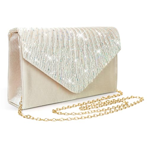 Pardofelis Abendtasche Damen Clutches, Beige Glitzer Satin Abendkleid Clutch Bag mit Abnehmbarer Kette Cross Body Bag, Elegante Kristall Diamant Abendtasche für Hochzeit Prom Party von Pardofelis