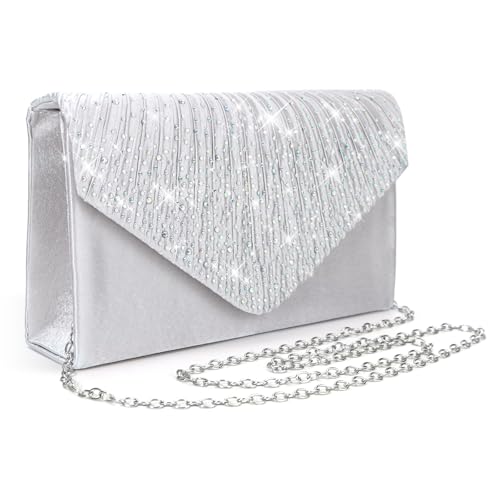 Pardofelis Abendtasche Damen Clutches, Clutch Silber Glitzer Satin, Abendkleid Clutch Bag mit Abnehmbarer Kette Cross Body Bag, Elegante Kristall Diamant Abendtasche für Hochzeit Prom Party von Pardofelis