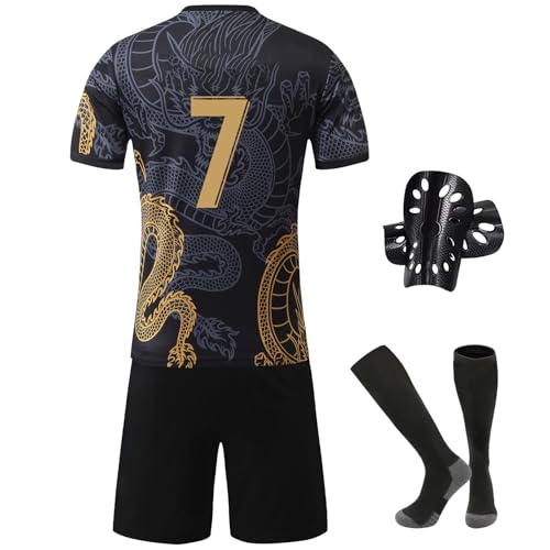 Pardofelis Fußball Trikot für Kinder, Trikot Nr. 7 Fußballtrikots Fussball T-Shirt Shorts Socken und Schienbeinschoner Set, Outdoor Football Jersey für Junge Anzug (Schwarz, 22) von Pardofelis