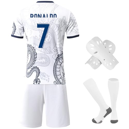 Pardofelis Fußball Trikot für Kinder, Trikot Nr. 7 Fußballtrikots Fussball T-Shirt Shorts Socken und Schienbeinschoner Set, Outdoor Football Jersey für Junge Anzug (Weiß, 28) von Pardofelis