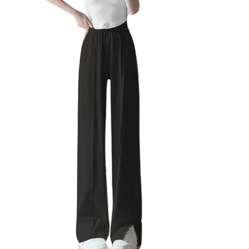 Hose Damen,Schwarze, Lässige Anzughose Für Damen, Hose Mit Weitem Bein, Elastische, Hohe Taille, Seitlich Geschlitzte Palazzo-Hose Mit Falten, Klassische Seitentasche, Baggy-Sporthose, Gerade Hose von ParfCO