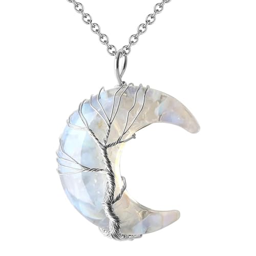 ParfCO Edelstein Kette, Heilkristall-Halskette für Damen, Halbmond, Baum Des Lebens, mit Draht Umwickelte Anhänger-Halskette, Opal-Schmuck, Geschenk für Frauen von ParfCO