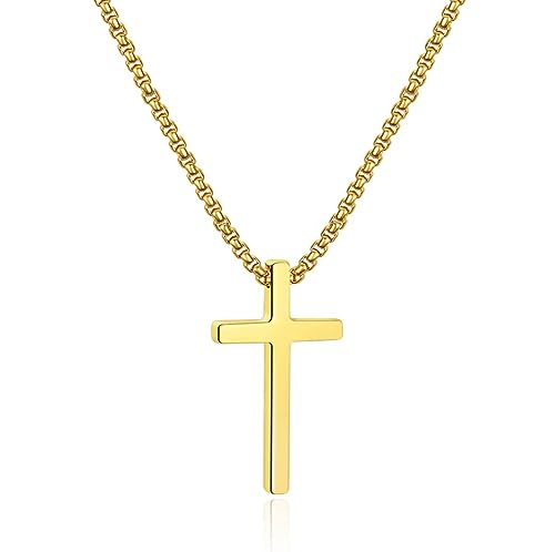 Kreuz Kette Herren, Edelstahl Halskette Herren Gold Kette mit Kreuz Anhänger 3 * 1.7cm Kreuzkette Schmuck Karneval Kommunion Tauf Konfirmation Geschenkfür Kinder Freund Sohn Jungen Männer 24inch von Parima