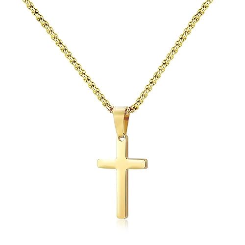 Kreuz Kette Herren, Edelstahl Halskette Herren Gold Kreuzkette mit Kreuz Anhänger 1.2"*0.7" Kette Schmcuck Geburtstag Tauf Konfirmation Geschenkfür Männer Kinder Mädchen Freund Sohn Jungen 22inch von Parima