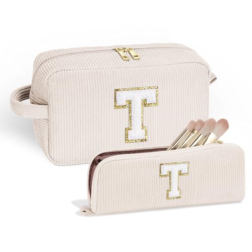 Parima Kosmetiktasche Damen, Cord Schminktasche Make Up Tasche Tragbare Makeup Bag Hochzeit Frauen Freund Mama Geschenke für Teenager Mädchen Reise Kosmetiktasche Beige T von Parima